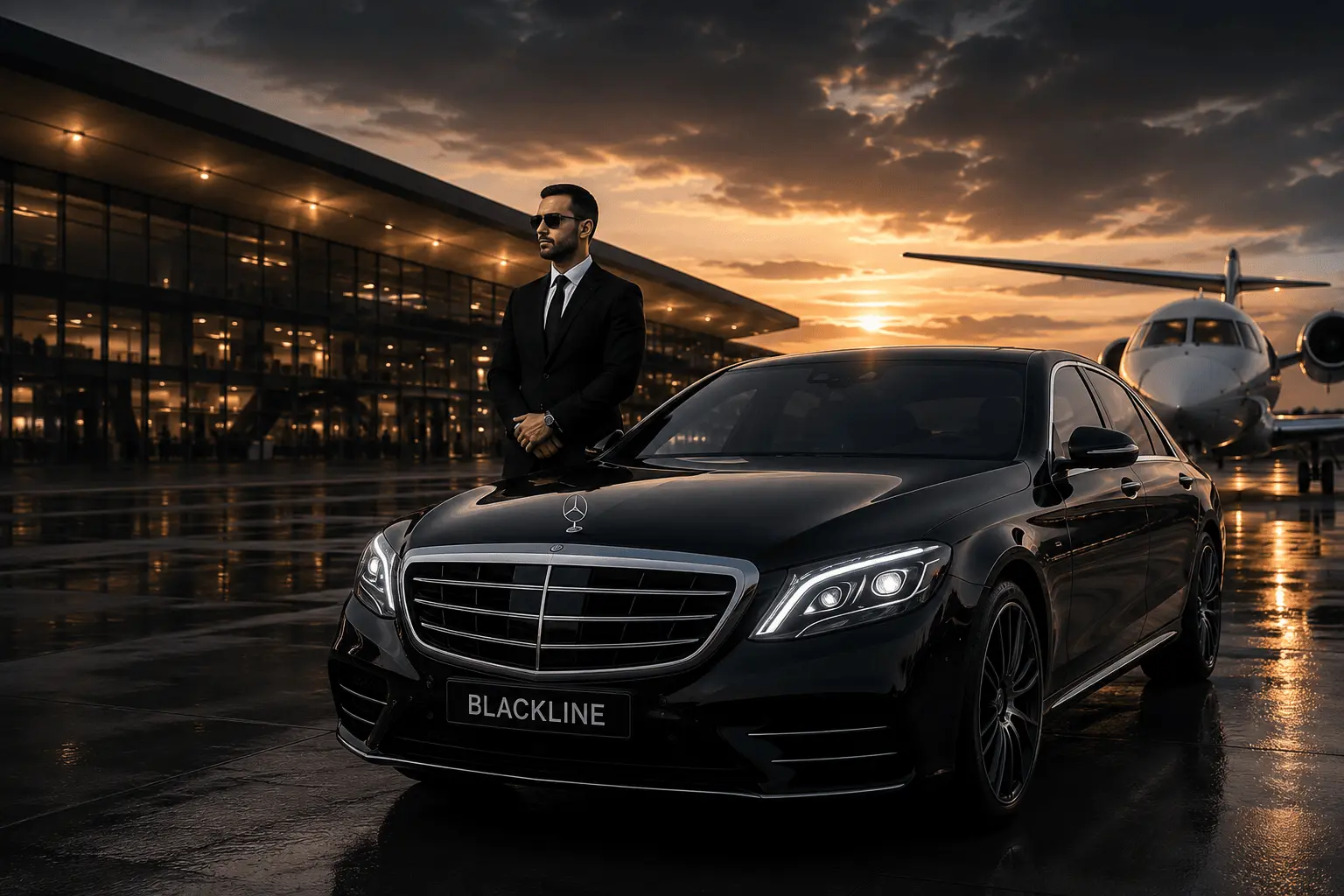 Schwarze Luxuslimousine mit professionellem Chauffeur an einem Flughafen